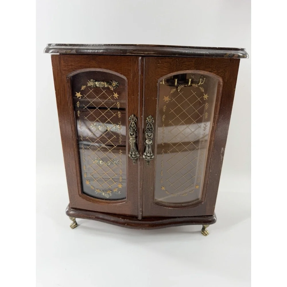 Vtg Wood Jewelry Armoire Glass Etched Doors Rotating Carousel Claw Feet 4 Drawer